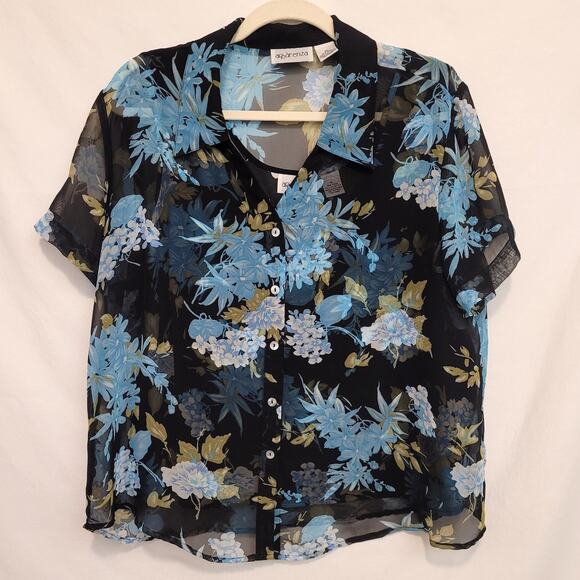 Apparenza 2 Piece Floral Top Set Tank & Sheer Layer Blouse XL Black Blue - Picture 1 of 9